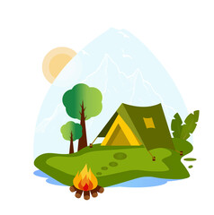 Camping in a tent, country life. Vector illustration in flat style, suitable for logo, icon, print
