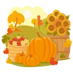 Vector Cartoon Illustration Apples Pumpkin Sunflowers
