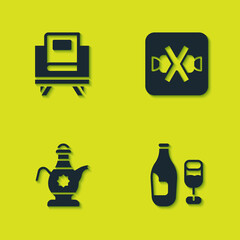 Set Holy book of Koran, Wine bottle with glass, Islamic teapot and No sweets icon. Vector