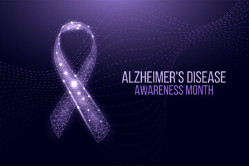 Alzheimer's disease awareness month concept. Banner template with purple ribbon and text.  Vector illustration. - obrazy, fototapety, plakaty