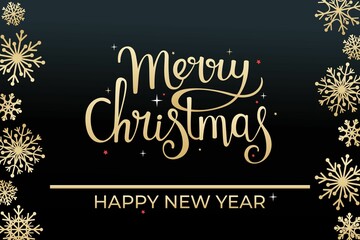 Fototapeta na wymiar Christmas and New Year. Modern universal art templates. Christmas corporate greeting cards and invitations. Golden lettering on a black background with snowflakes.
