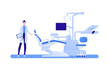 Dental clinic concept. Vector flar healthcare illustration. Dentistry hospital chair with drill, lamp equipment. Female dentrist doctor character. Design for oral health care