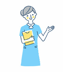 バインダーを持って案内する女性