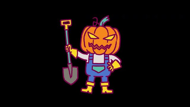 Pumpkin man holding shovel and laughing. Alpha channel. Looped animation. Frame by frame animation