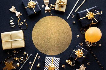 Merry christmas,xmas and new year celebration concepts with gift box and ornament in golden color on dark