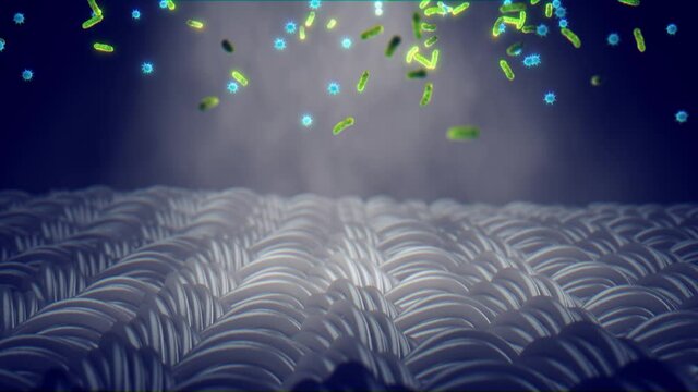 Animation of pathogenic germs ( bacteria and viruses ) on dirty fabric. Spreading infectious disease by contaminated clothes
