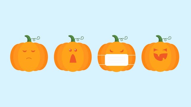 Graphic animation of drawn cartoon Halloween pumpkins with different emotions that appear and increase and decrease on a blue background