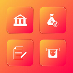 Set Bank building, Money bag, Document and pen and ATM money icon. Vector