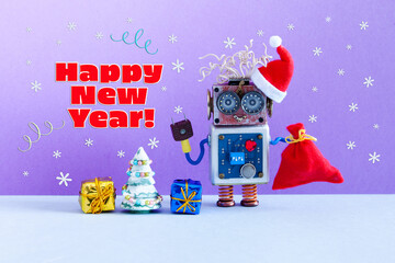 Funny robot Santa is holding a bag with gifts. Christmas toy tree and boxes on a purple-blue background with falling snowflakes. New Years Christmas poster with congratulations and wishes of happiness