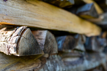 Stack of dried beech firewood close up shot, shallow depth of field, space for text.