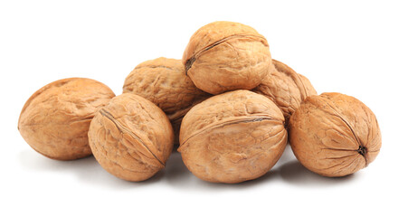 Whole walnuts in shell on white background