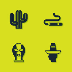 Set Cactus, Mexican man sombrero, wrestler and Cigar icon. Vector