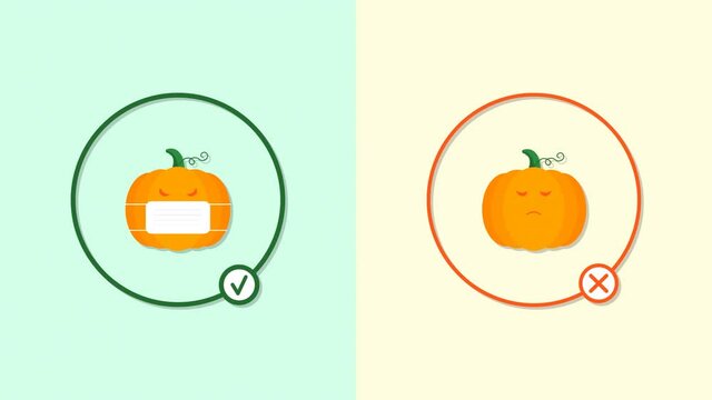 Stop motion animation. A green circle with a permit sign decreases and increases around an evil Halloween pumpkin in a medical mask, an orange prohibitory sign around a sad pumpkin without a mask