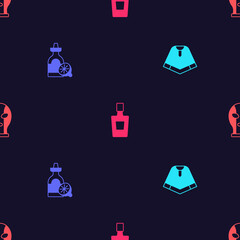 Set Poncho, Tequila bottle with lemon, and Mexican wrestler on seamless pattern. Vector