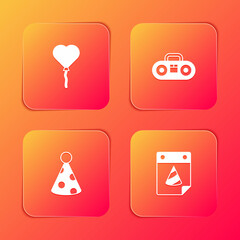 Set Balloons in form of heart, Home stereo with two speakers, Party hat and Calendar party icon. Vector