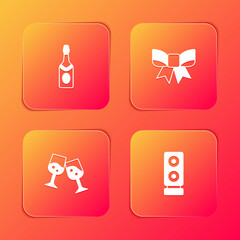 Set Champagne bottle, Gift bow, Glass of champagne and Stereo speaker icon. Vector