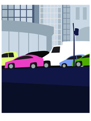 Heavy traffic in the city center. Сars are in a traffic jam. Vector image for prints, poster and illustrations.