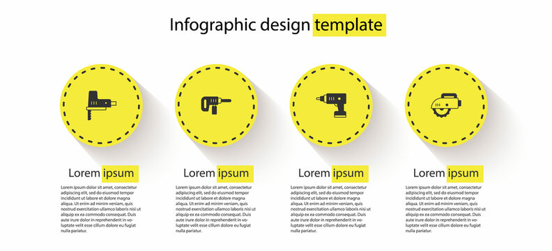 Set Electric jigsaw, drill machine, cordless screwdriver and circular. Business infographic template. Vector