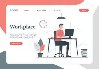 Office work landing page. The young man works at the computer. Colored flat vector illustration. Isolated on white background.