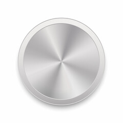 Metal button with circular processing and shadow. Knob with steel chrome brushed texture. Sound panel tuner interface. Template design for ui, app, web. Vector illustration