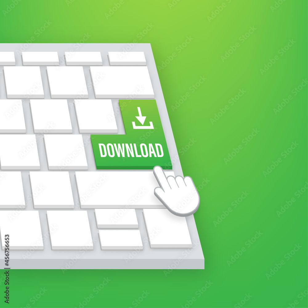Poster download file button on keaboard. document downloading concept. trendy flat design graphic with long