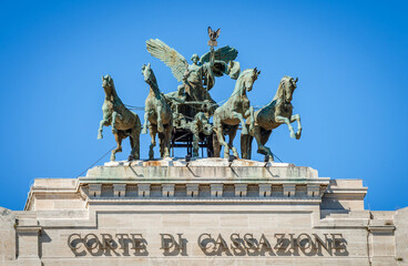 The great bronze quadriga, above the facade of the Palace of Justice in Rome, Italy. Set there in...