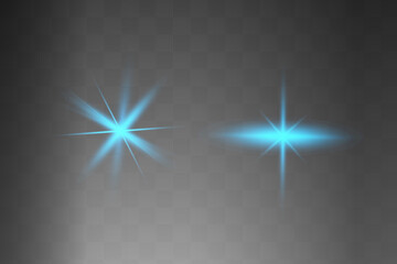 Blue glowing light explodes on a transparent background. Sparkling magical dust particles. Bright Star. Transparent shining sun, bright flash. Vector sparkles. To center a bright flash