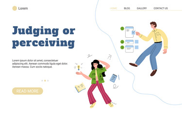 Website of judging or perceiving MBTI kind of personality, vector illustration.