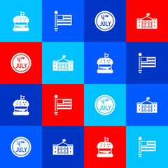 Set Burger, American flag, Calendar with date July 4 and United States Capitol Congress icon. Vector