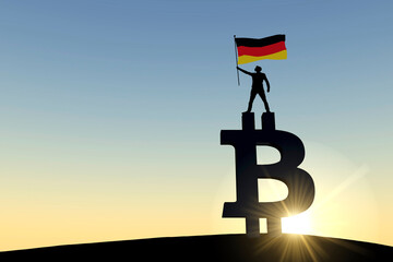 Person waving a germany flag standing on top of a bitcoin cryptocurrency symbol. 3D Rendering