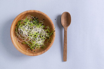 Wooden bowl with micro greens and a natural teaspoon on a gray background. Eco friendly stuff...