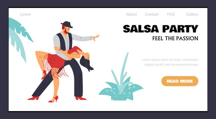 Salsa party website mockup with dancing man and woman flat vector illustration.