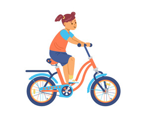 Naklejka premium Teenage girl cartoon character on bicycle, flat vector illustration isolated.