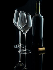 wine glasses with beveled edges on black background
