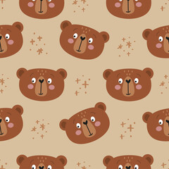 Teddy bear pattern design with bear heads hearts on rose background - funny hand drawn doodle, seamless pattern. Background or t-shirt textile graphic design. Wallpaper, wrapping paper, bedsheets.