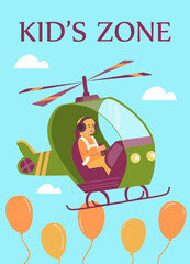 KIds zone banner with child flying helicopter flat vector illustration.