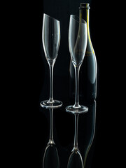 wine glasses with beveled edges on black background