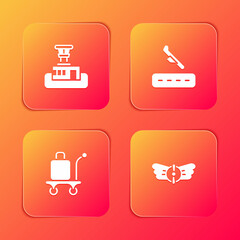 Set Airport control tower, Plane landing, Trolley baggage and Aviation emblem icon. Vector