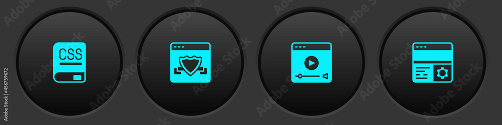 Wall mural set books about programming, browser with shield, online play video and debugging icon. vector