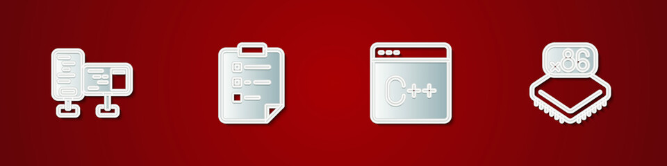Set Computer monitor screen, Clipboard with checklist, Software and Processor microcircuits CPU icon. Vector