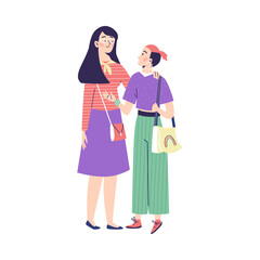Mother and daughter have friendly conversation, vector illustration isolated.