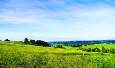 Fototapeta premium Panorama landscape in the Allgäu in Bavaria. Nature with mountains, meadows and forests.