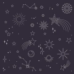 Fototapeta na wymiar Astral elements vector design. Cosmic, celestial background. Stars, planets, sun, cosmos linear icons.