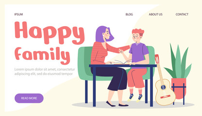 Happy family website with mother talking to child, flat vector illustration.