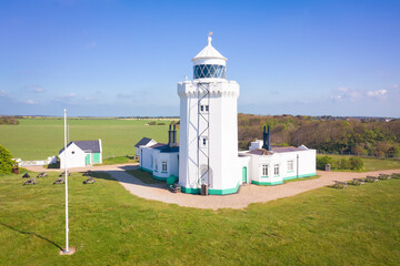 View of South Foreland Lighthouse at White Cliffs of Dover. - 456760469