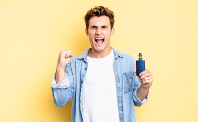 shouting aggressively with an angry expression or with fists clenched celebrating success....