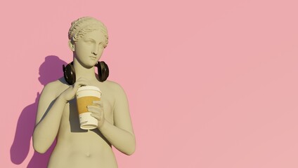 3d rendering. Goddess Hypnos drinking coffee while listening to music