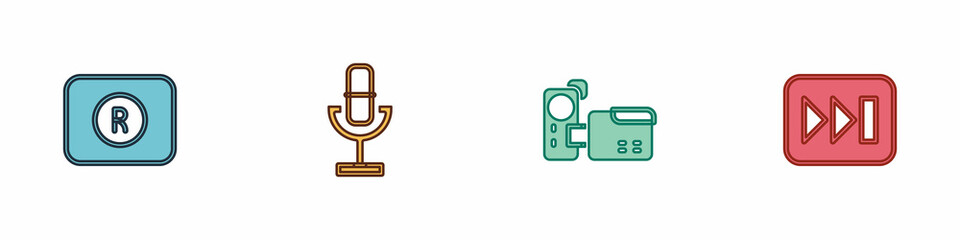 Set Record button, Microphone, Cinema camera and Fast forward icon. Vector