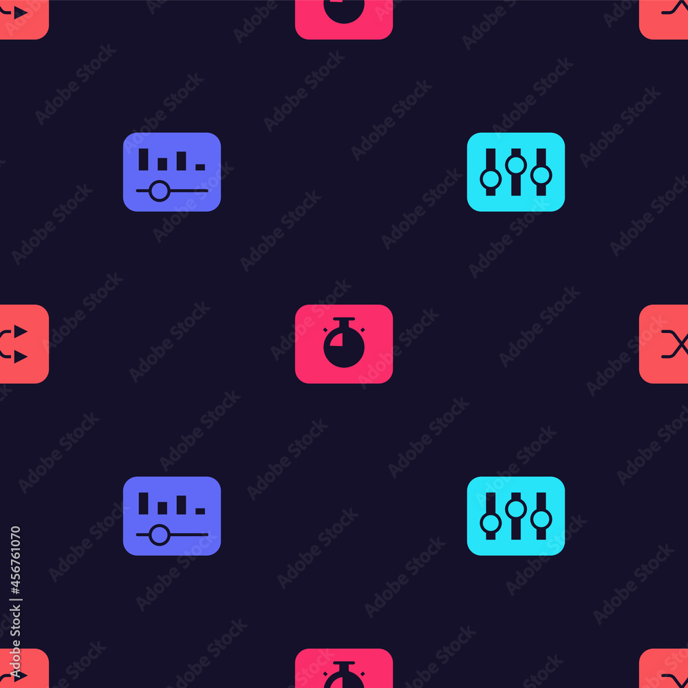 Poster set sound mixer controller, music equalizer, stopwatch and arrow shuffle on seamless pattern. vector