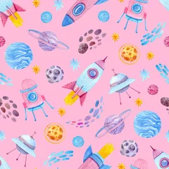Foto op Plexiglas Seamless watercolor pattern with rockets, spaceship, planets, stars, meteors and asteroids on a pink background. Cute baby space print. © Maria Kviten